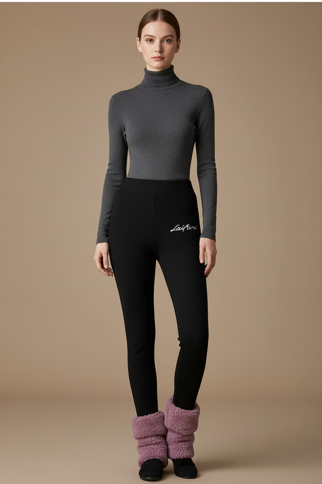 Pantalon Noir Côtelé Slim Doublé Chaud Femme - Maille
