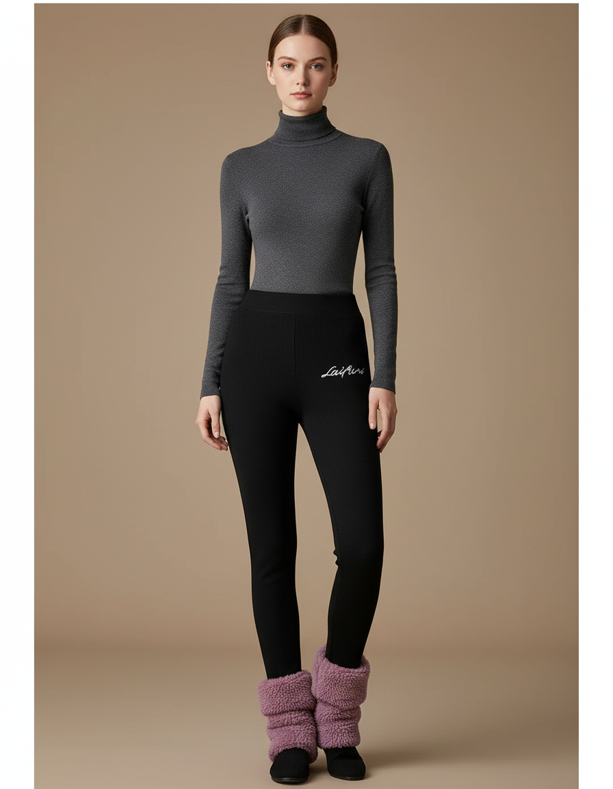 Pantalon Noir Côtelé Slim Doublé Chaud Femme - Maille