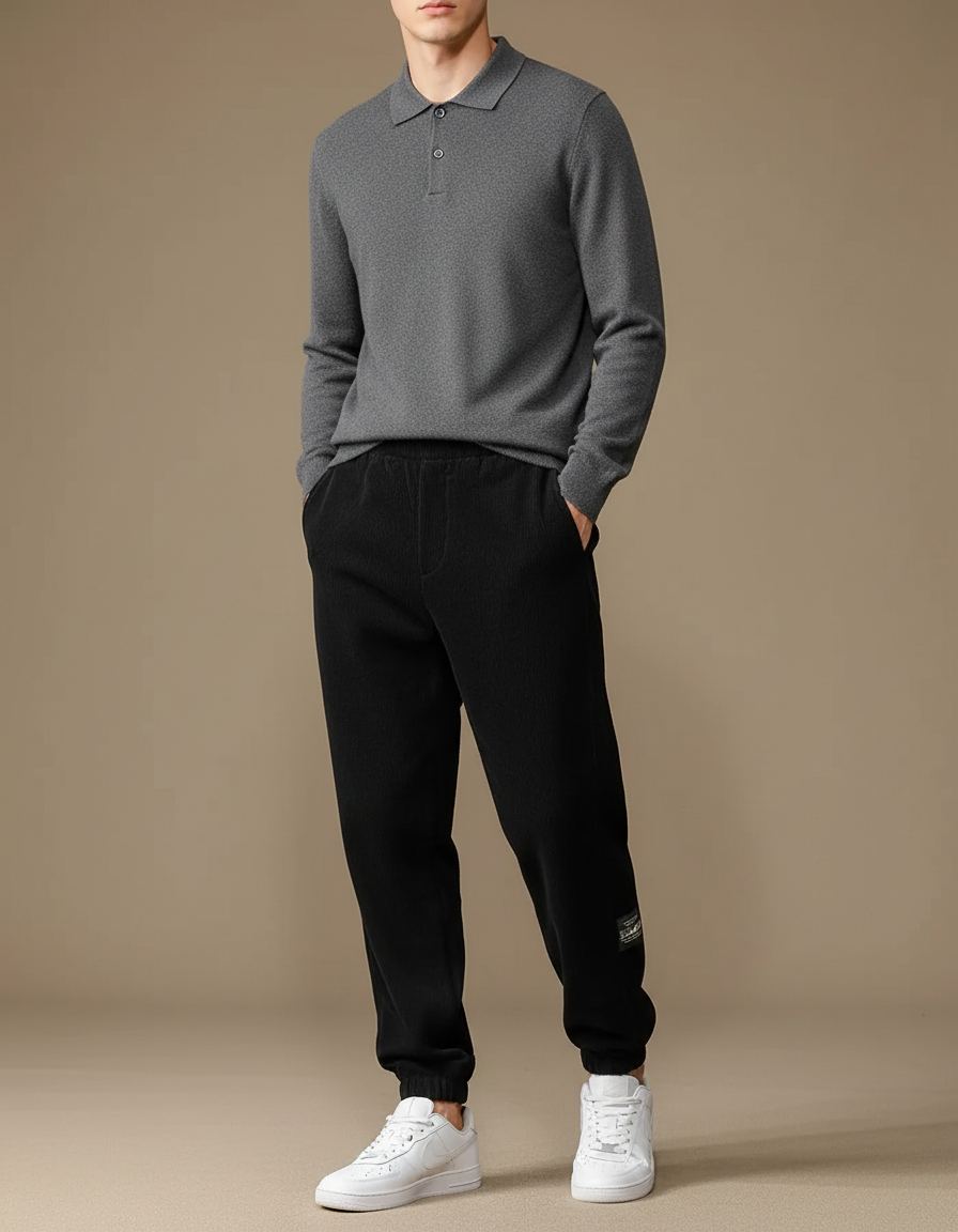 Pantalon Noir Côtelé Décontracté Ample Homme - Cordé