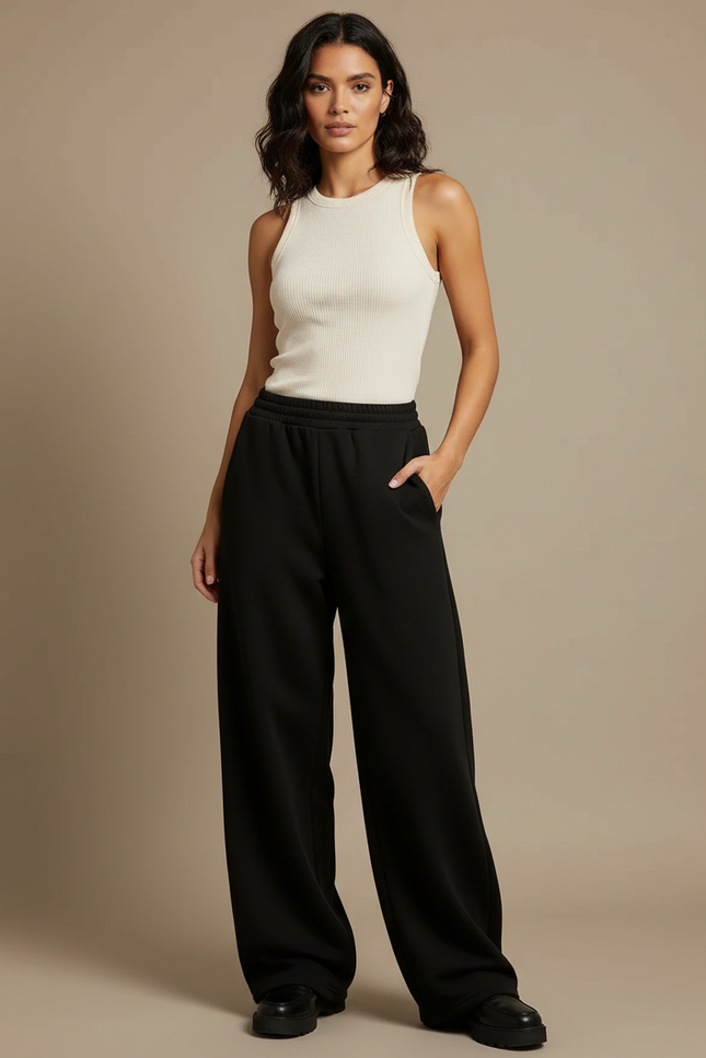 Pantalon Noir Ample Taille Haute Confortable Décontracté - Molleton