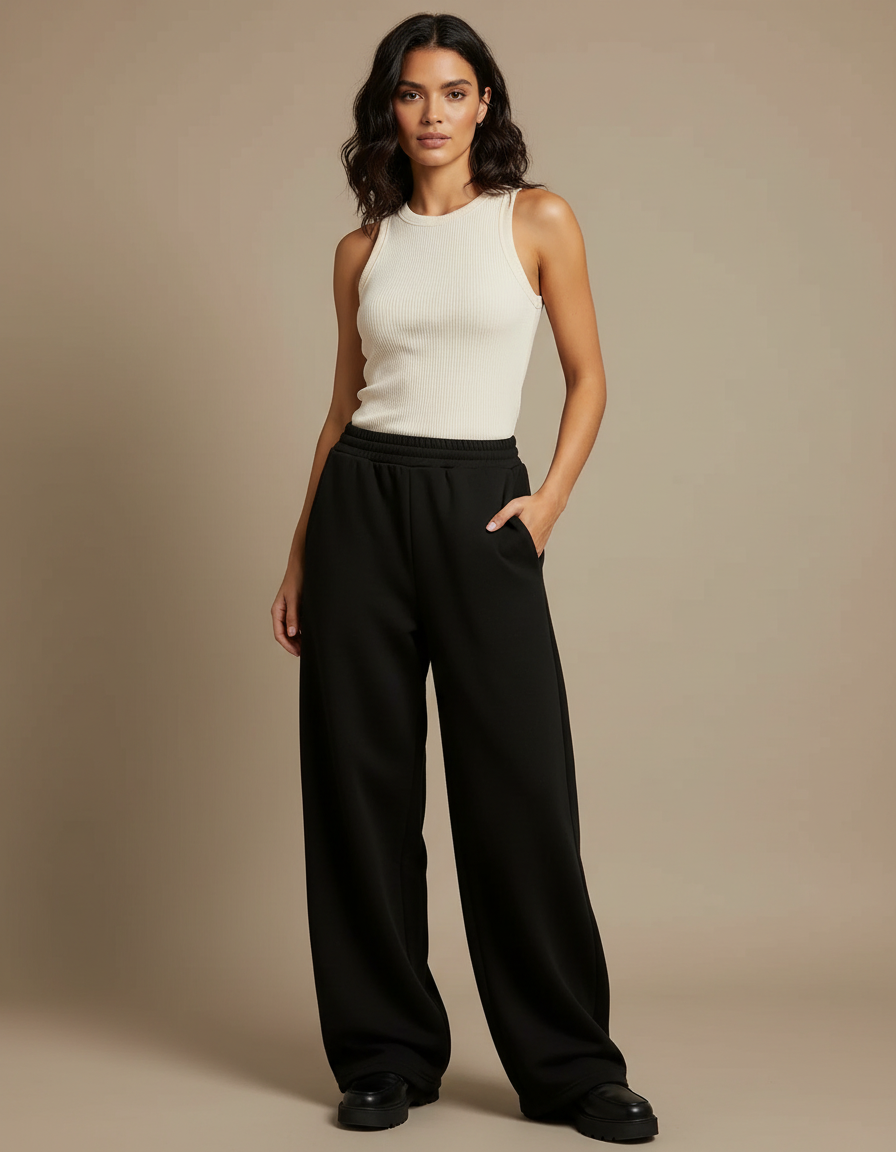 Pantalon Noir Ample Taille Haute Confortable Décontracté - Molleton