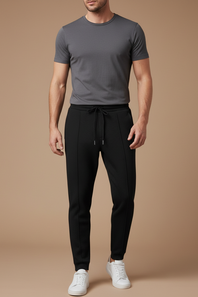 Pantalon Noir Texturé Coupe Ajustée Décontracté Avec Cordon - Maille