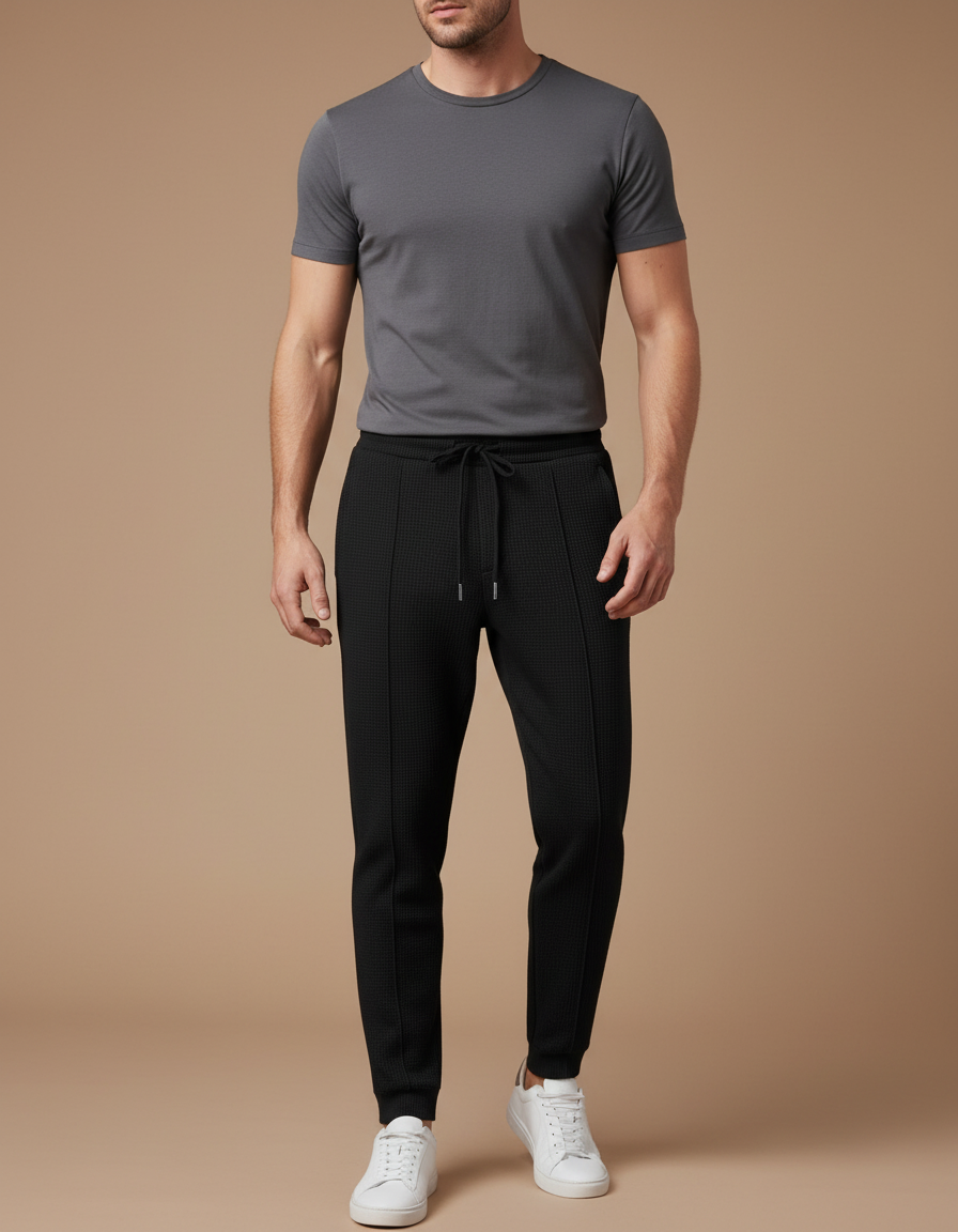 Pantalon Noir Texturé Coupe Ajustée Décontracté Avec Cordon - Maille
