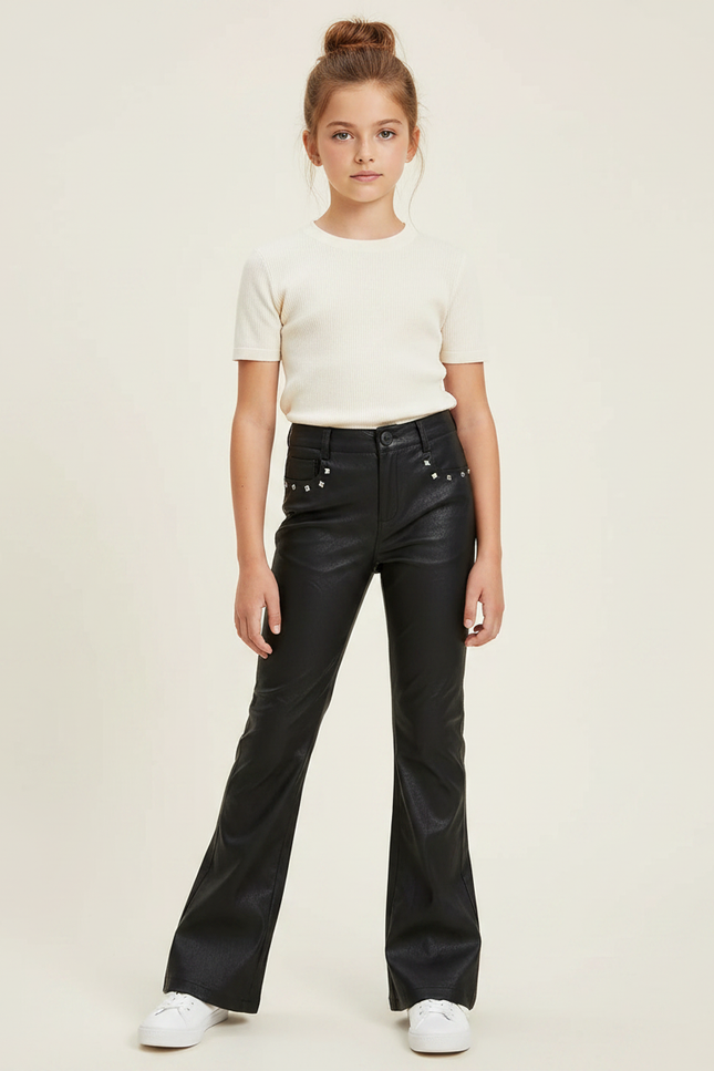 Pantalon Noir Similicuir Évasé Rivets Fille - Simili cuir