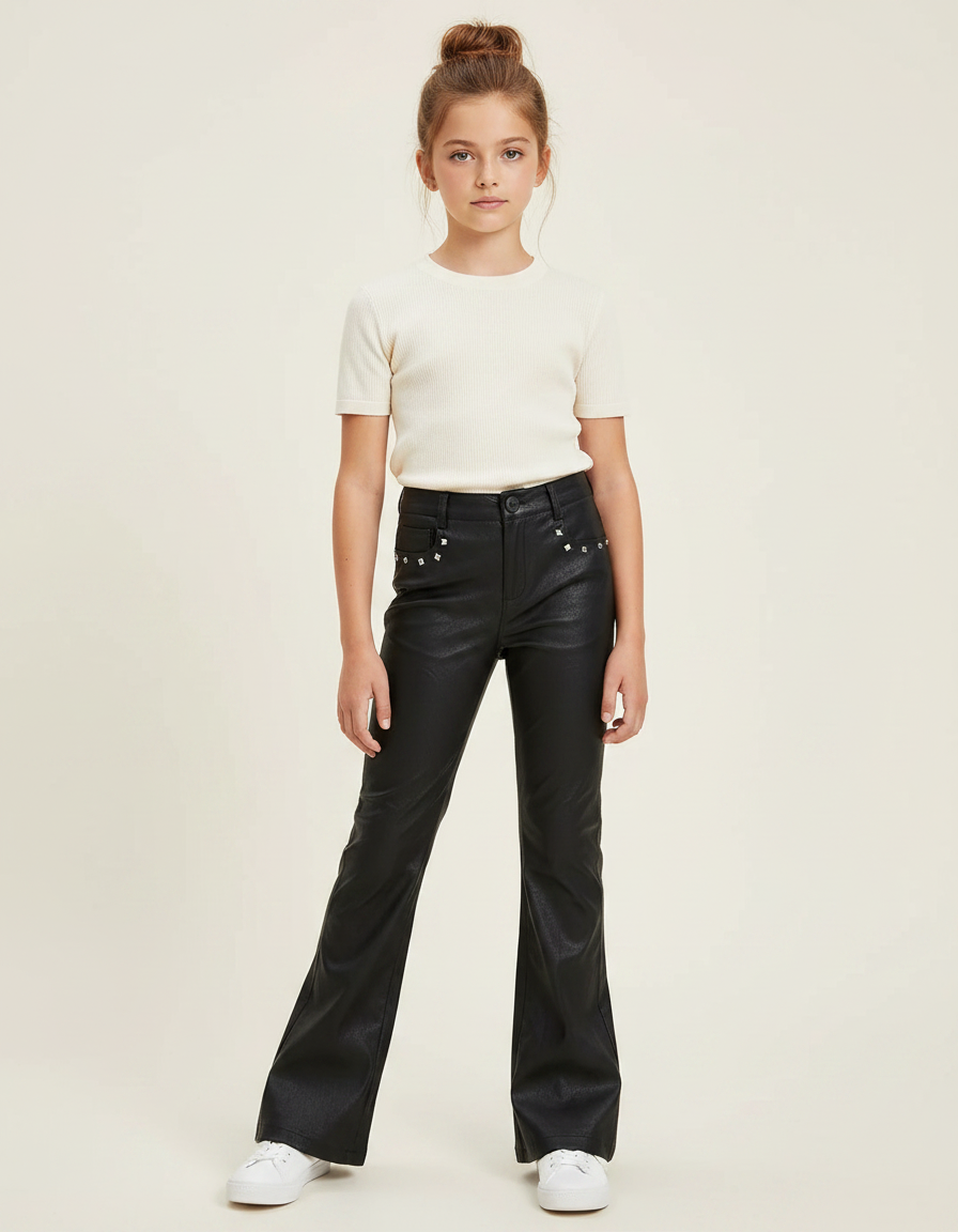 Pantalon Noir Similicuir Évasé Rivets Fille - Simili cuir