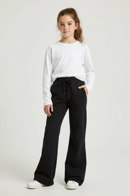 Pantalon Noir Ample Confortable Évasé Fille - Molleton