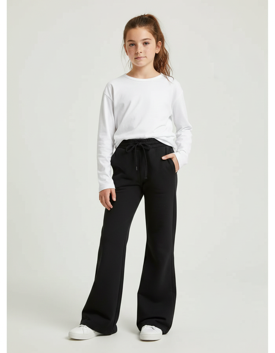 Pantalon Noir Ample Confortable Évasé Fille - Molleton