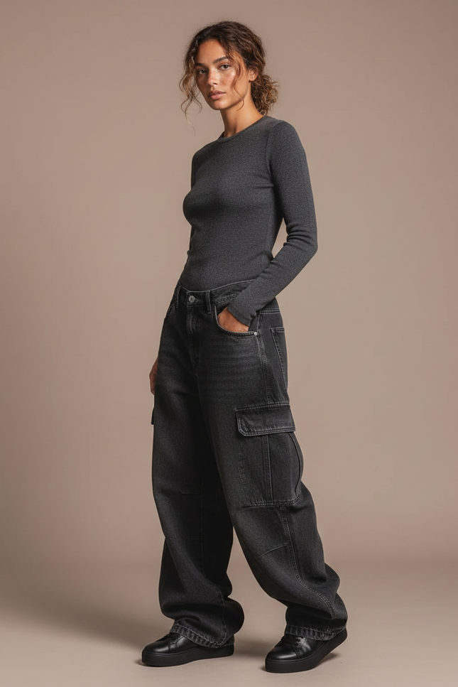 Pantalon Noir Ample Cargo Délavé Streetwear Femme - Jean