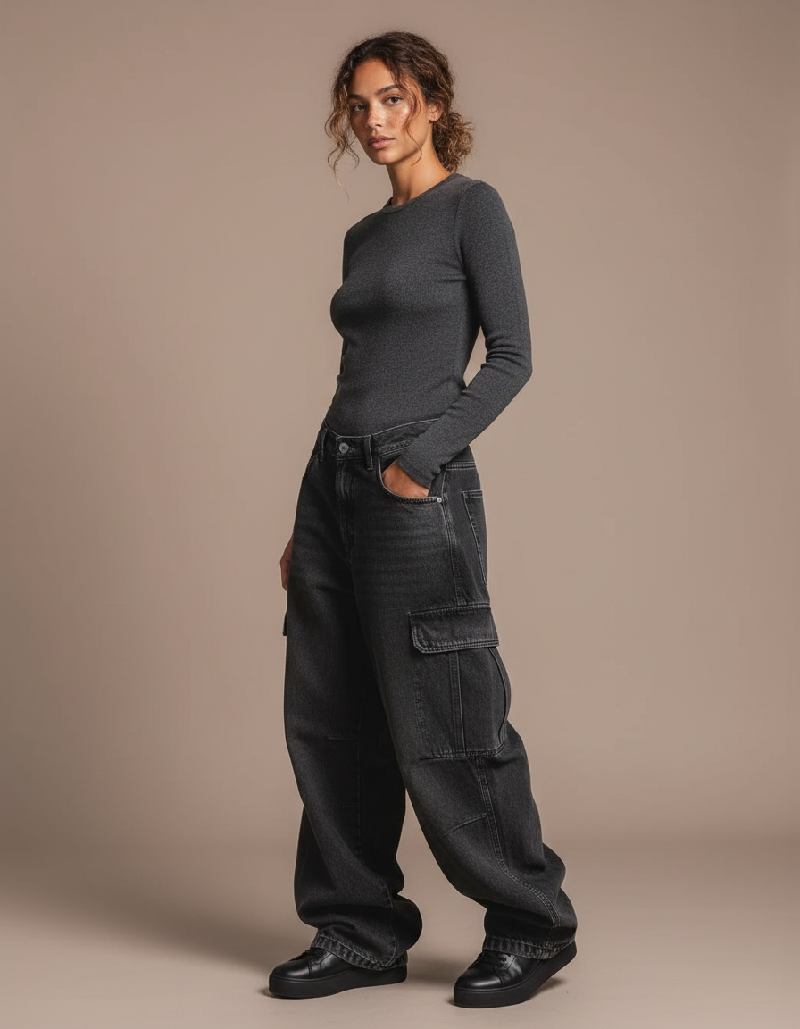 Pantalon Noir Ample Cargo Délavé Streetwear Femme - Jean