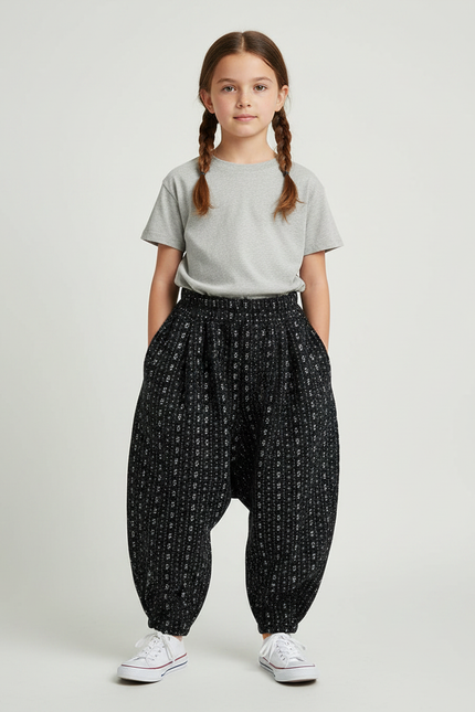 Pantalon Noir Harem Imprimé Floral Confortable Fille - Viscose