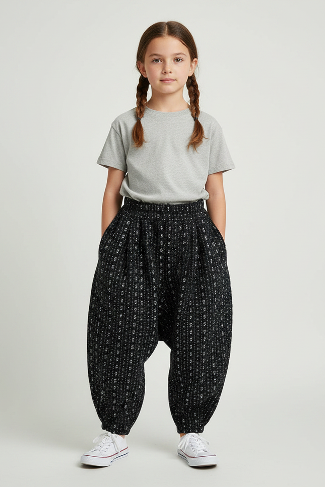 Pantalon Noir Harem Imprimé Floral Confortable Fille - Viscose