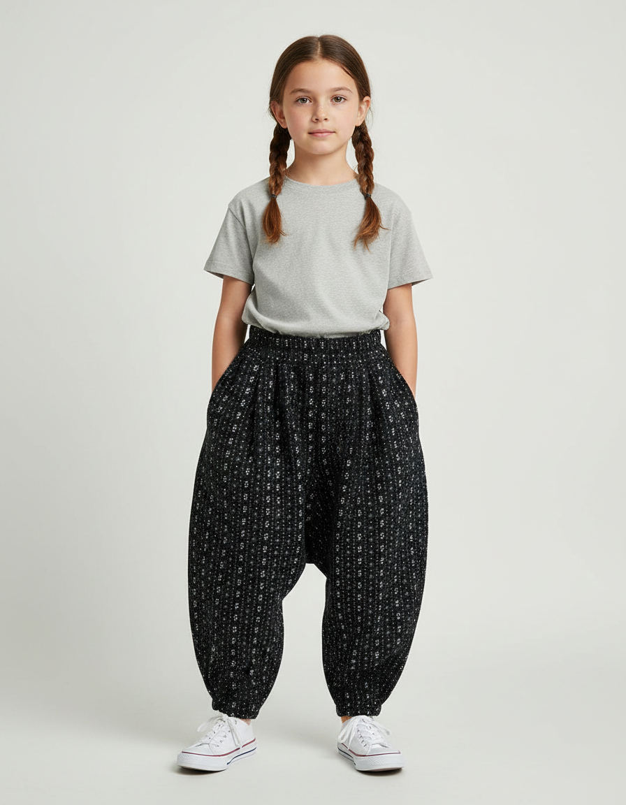 Pantalon Noir Harem Imprimé Floral Confortable Fille - Viscose