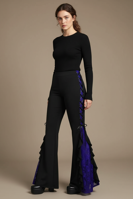 Pantalon Noir Évasé Dentelle Violette Ruffle Gothique - Maille