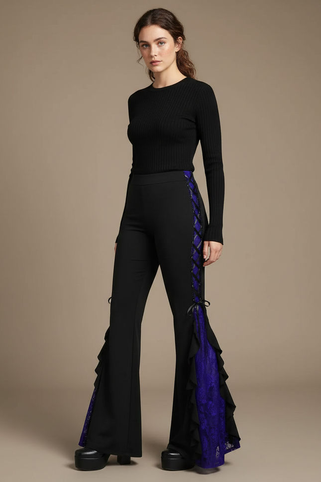 Pantalon Noir Évasé Dentelle Violette Ruffle Gothique - Maille