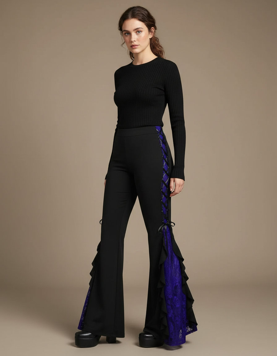 Pantalon Noir Évasé Dentelle Violette Ruffle Gothique - Maille