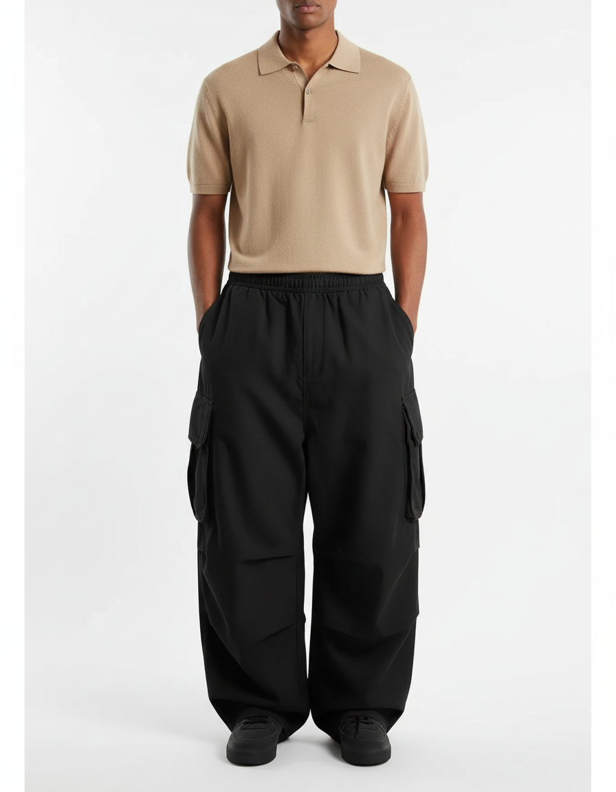Pantalon Noir Cargo Ample Décontracté Homme Moderne - Polyester
