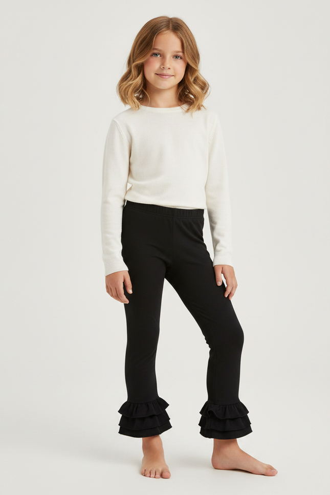 Pantalon Noir Volants Fille Confortable Extensible - Maille