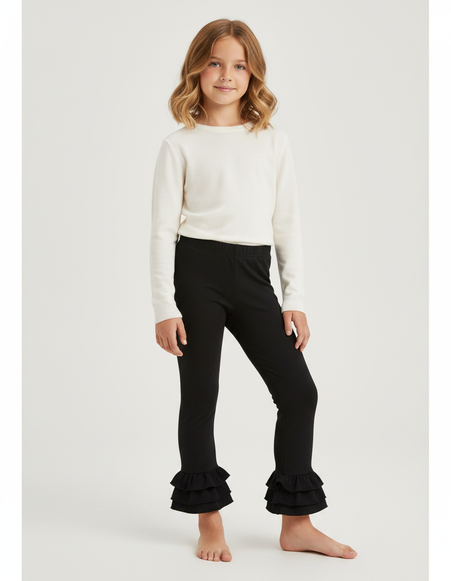 Pantalon Noir Volants Fille Confortable Extensible - Maille