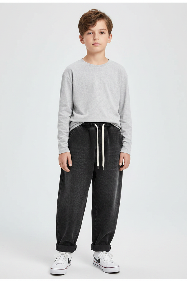 Pantalon Noir Ample Cordon Garçon Décontracté - Molleton