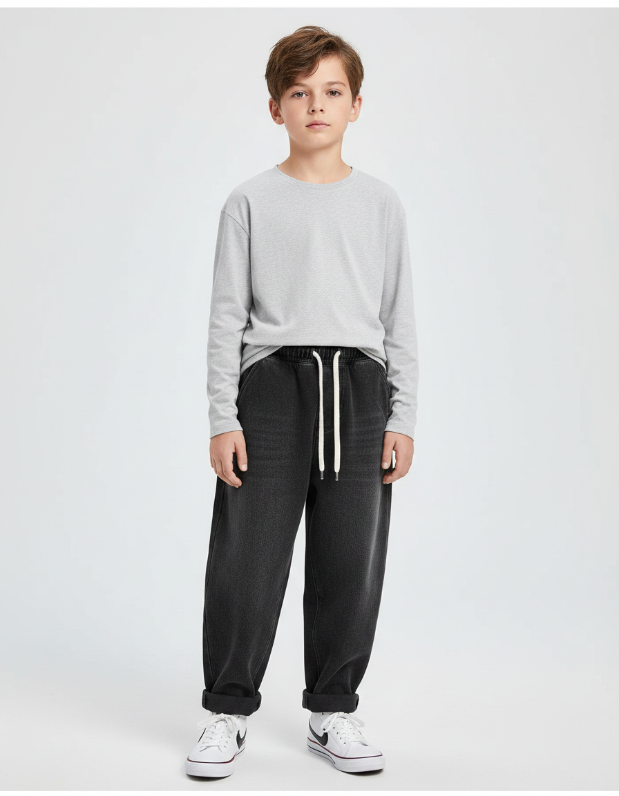 Pantalon Noir Ample Cordon Garçon Décontracté - Molleton