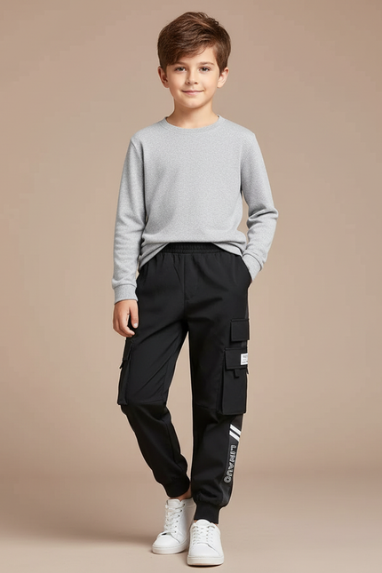 Pantalon Noir Cargo Enfant Multi-poches Décontracté - Polyester