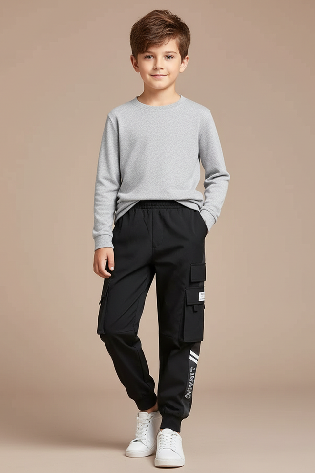 Pantalon Noir Cargo Enfant Multi-poches Décontracté - Polyester