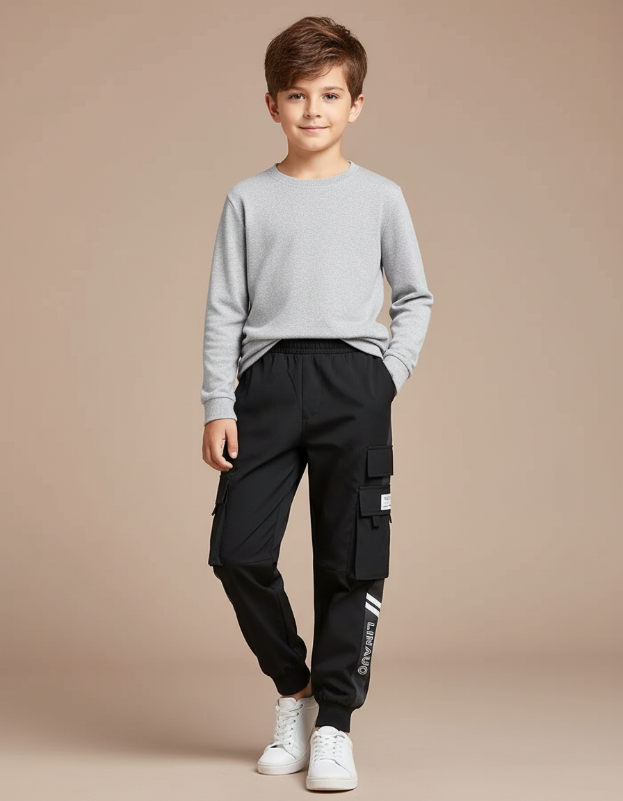 Pantalon Noir Cargo Enfant Multi-poches Décontracté - Polyester