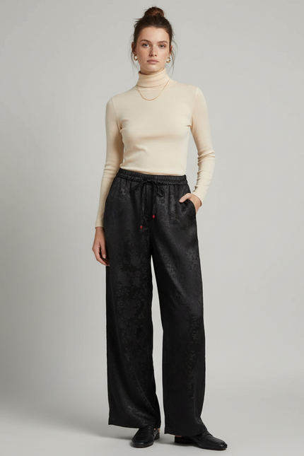 Pantalon Noir Jacquard Satin Ample Élégant Femme