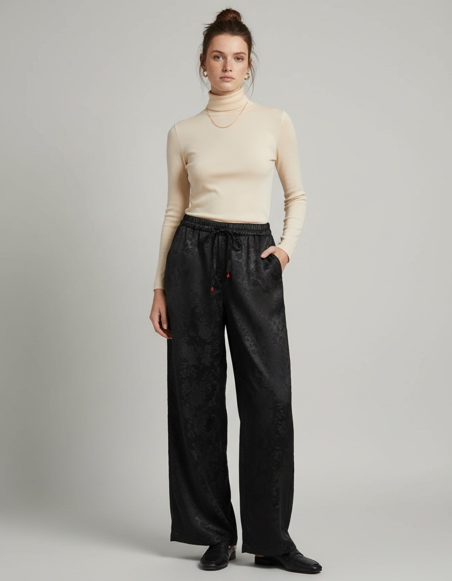 Pantalon Noir Jacquard Satin Ample Élégant Femme