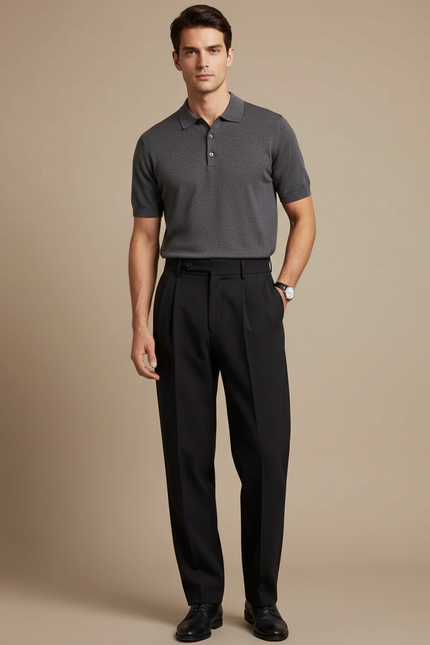 Pantalon Noir Plissé Ample Business Élégant Homme - Gabardine