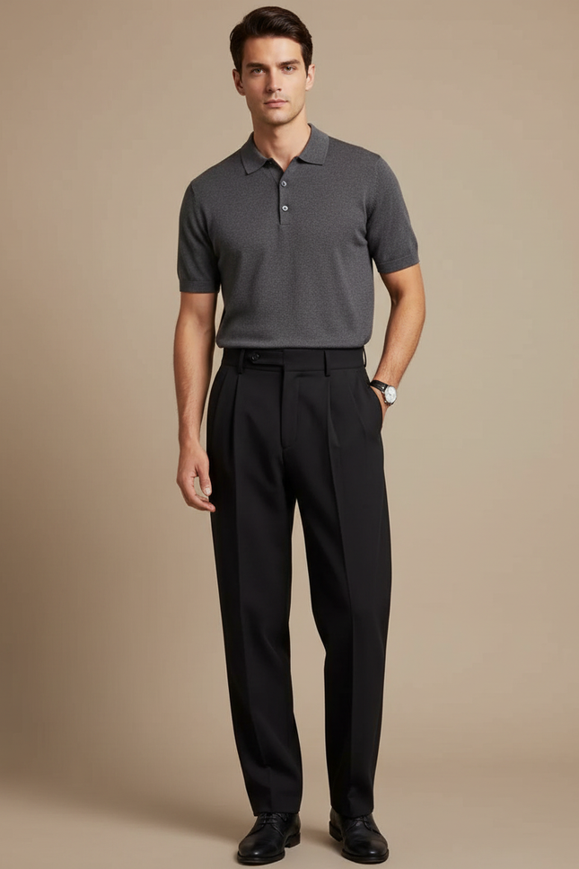 Pantalon Noir Plissé Ample Business Élégant Homme - Gabardine