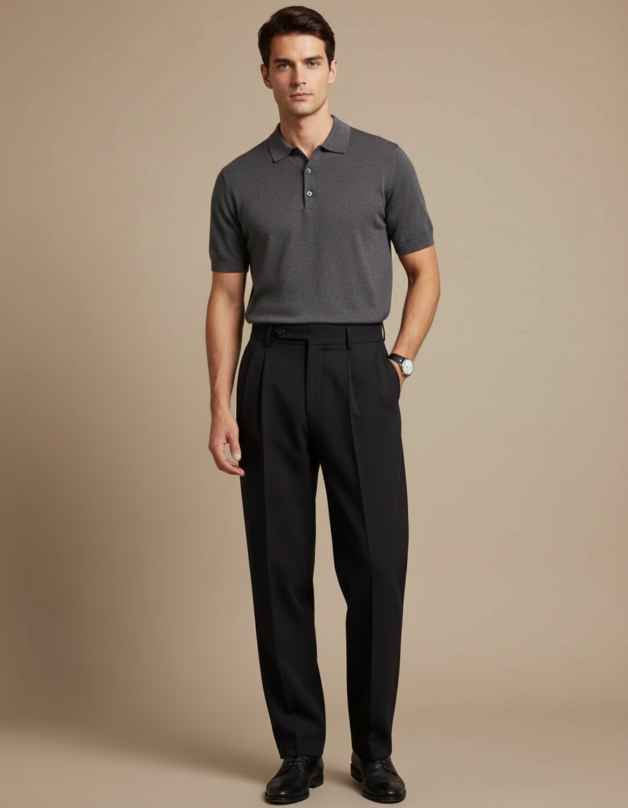 Pantalon Noir Plissé Ample Business Élégant Homme - Gabardine