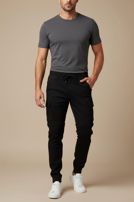 Pantalon Noir Cargo Homme Jogger Coton Ajusté