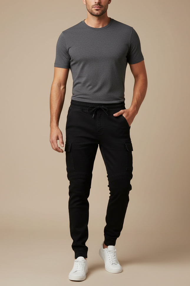 Pantalon Noir Cargo Homme Jogger Coton Ajusté
