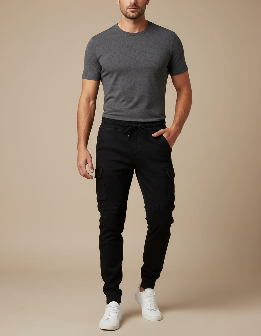Pantalon Noir Cargo Homme Jogger Coton Ajusté