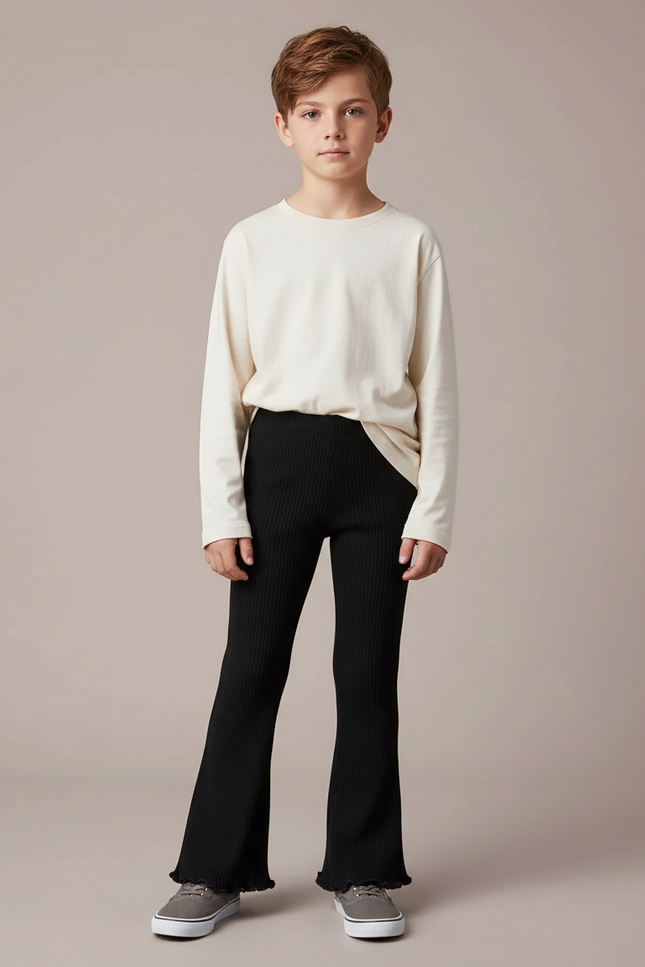 Pantalon Noir Côtelé Évasé Dentelle Enfant Garçon - Maille