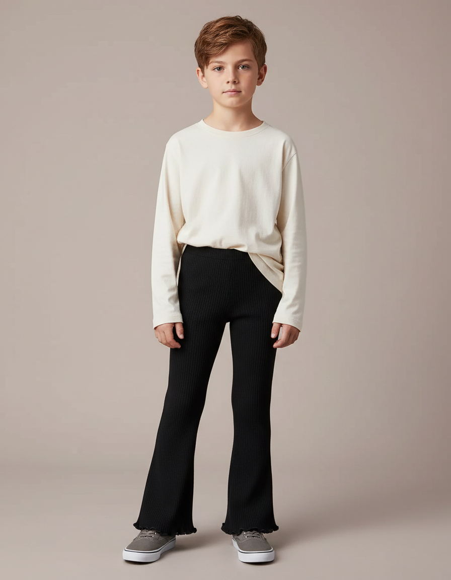 Pantalon Noir Côtelé Évasé Dentelle Enfant Garçon - Maille