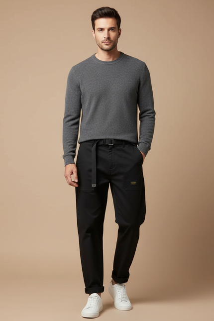 Pantalon Noir Homme Cargo Décontracté Ceinturé - Gabardine