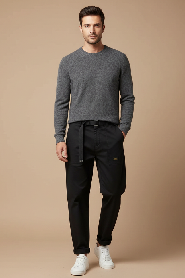 Pantalon Noir Homme Cargo Décontracté Ceinturé - Gabardine