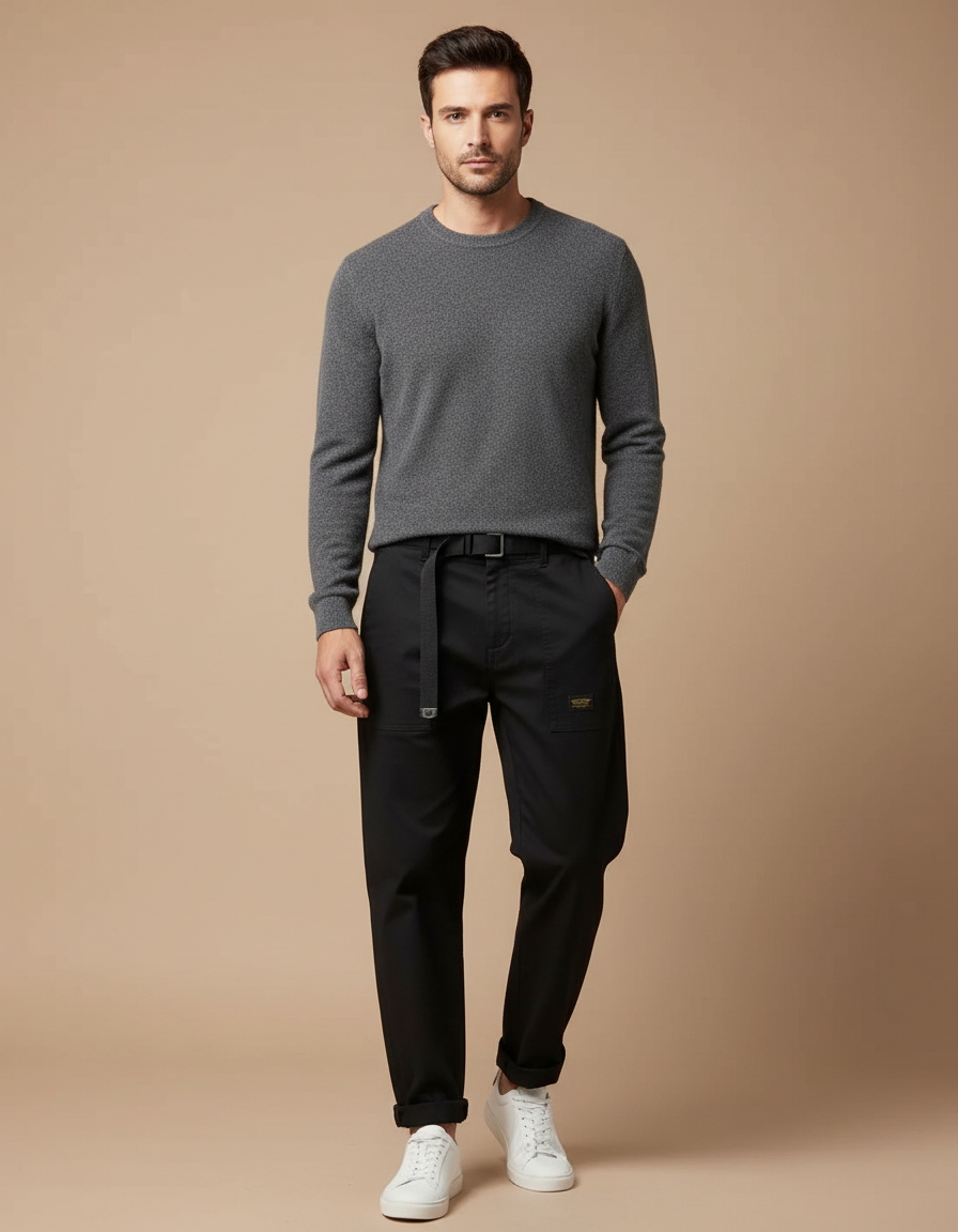 Pantalon Noir Homme Cargo Décontracté Ceinturé - Gabardine