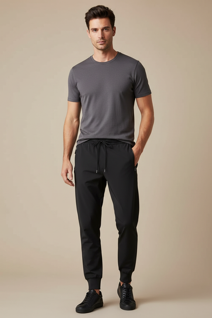 Pantalon Noir Homme Sportif Décontracté Ajusté Léger - Polyester