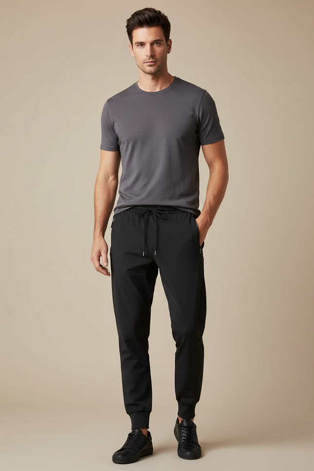 Pantalon Noir Homme Sportif Décontracté Ajusté Léger - Polyester
