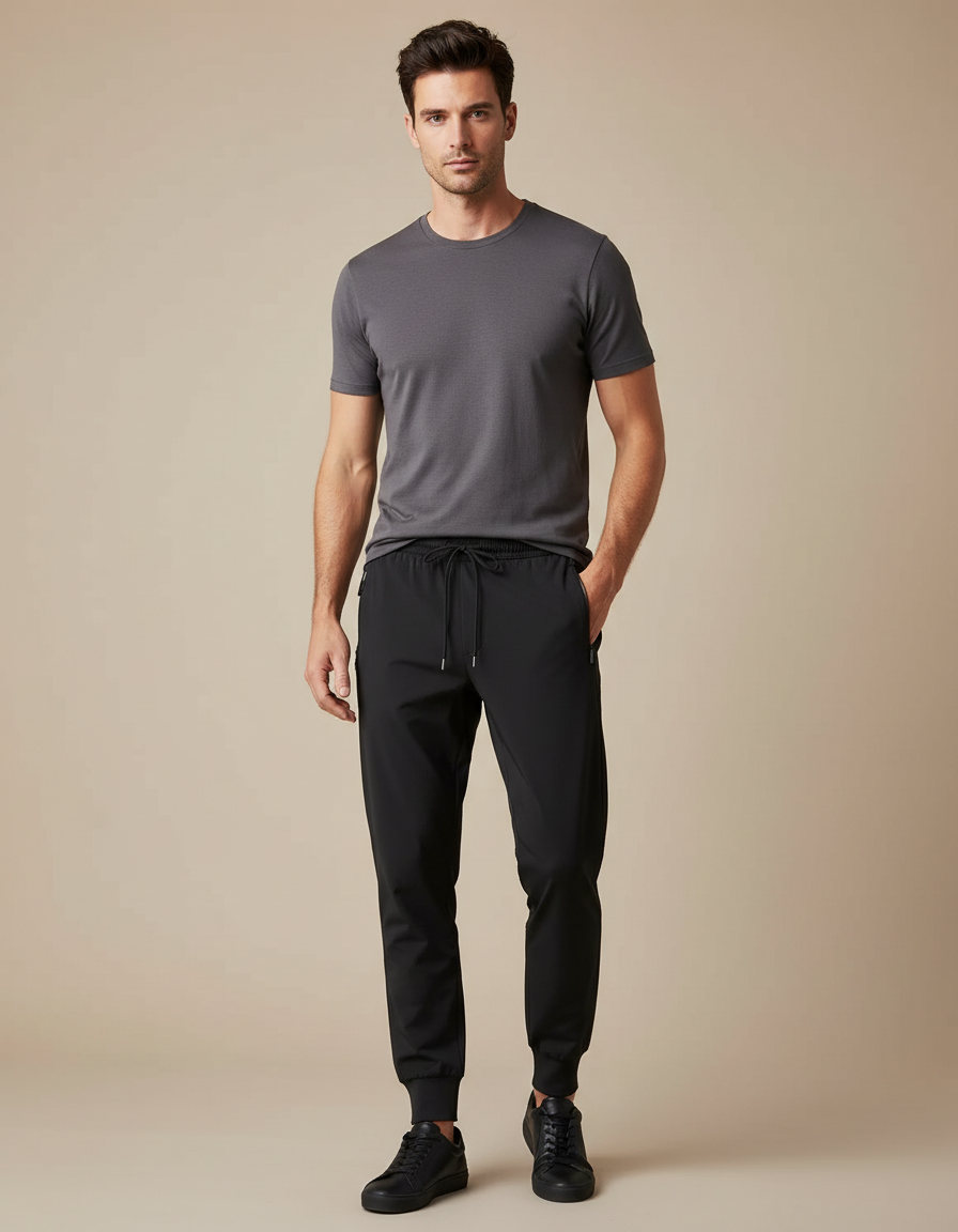 Pantalon Noir Homme Sportif Décontracté Ajusté Léger - Polyester