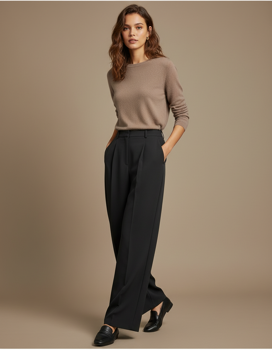 Pantalon Noir Plissé Taille Haute Femme Fluide - Viscose