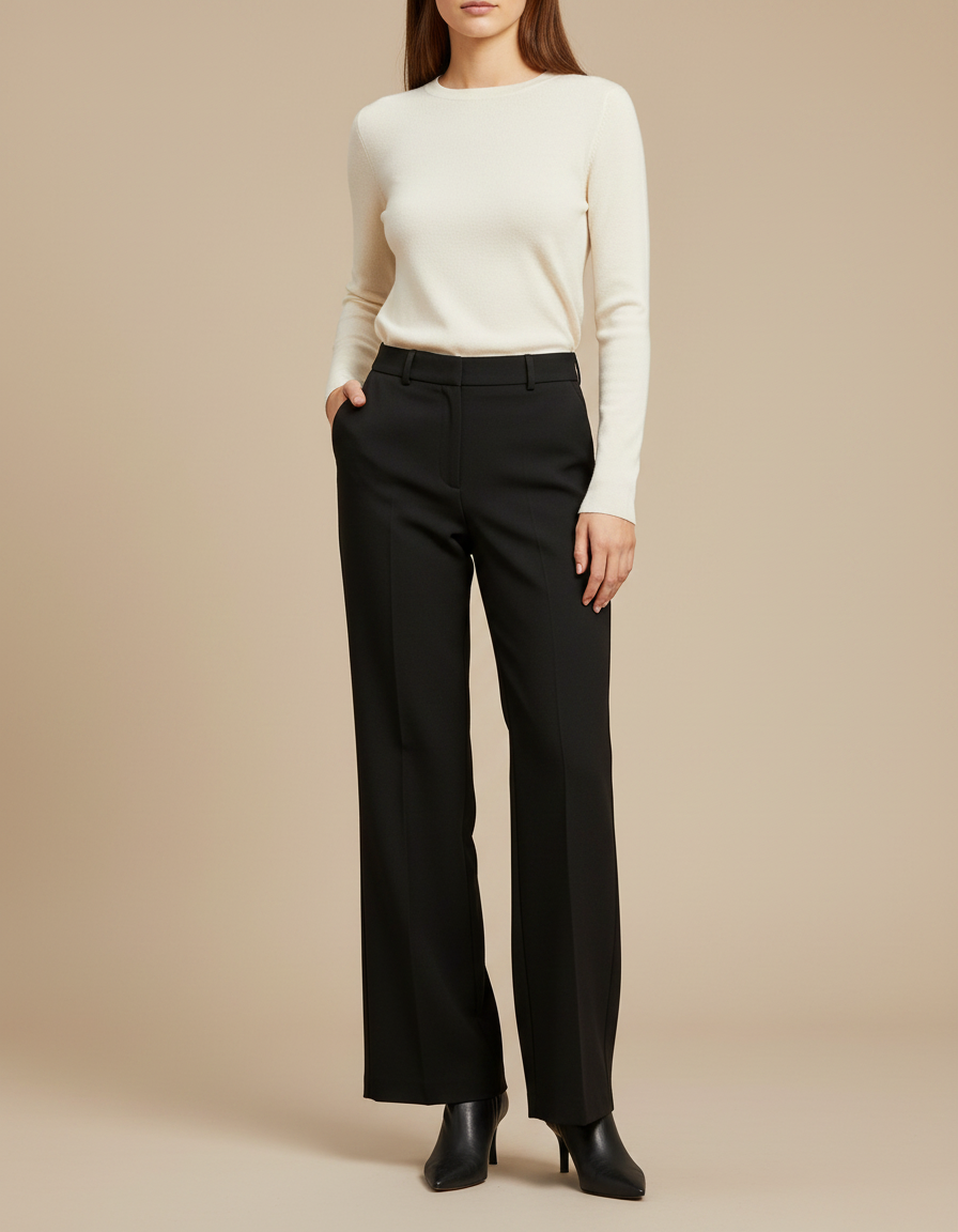 Pantalon Noir Femme Taille Haute Évasé Élégant - Gabardine