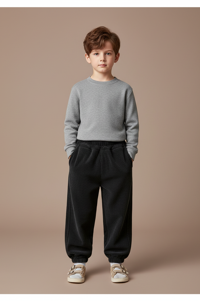 Pantalon Noir Côtelé Ample Décontracté Élastique Enfant - Cordé
