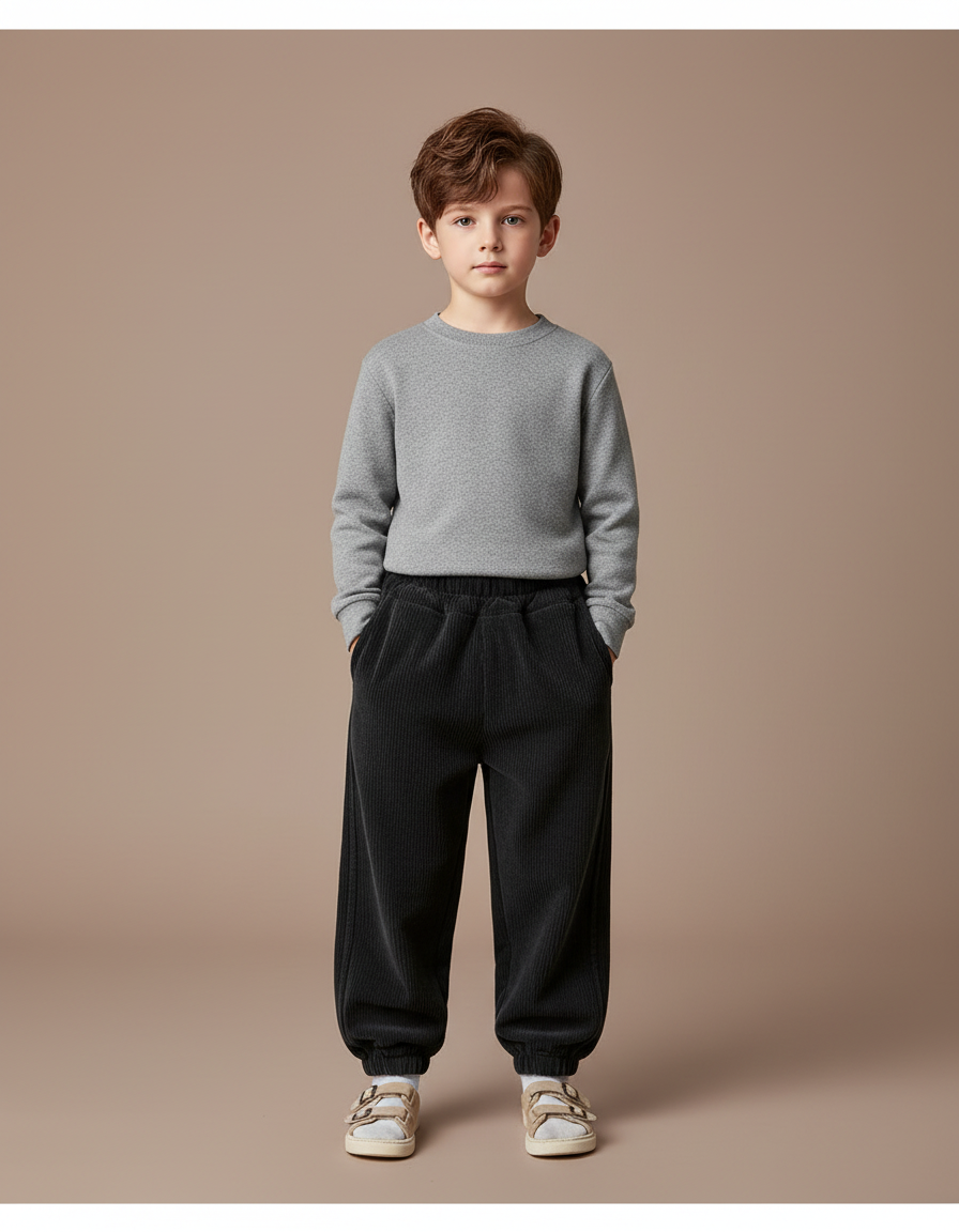 Pantalon Noir Côtelé Ample Décontracté Élastique Enfant - Cordé