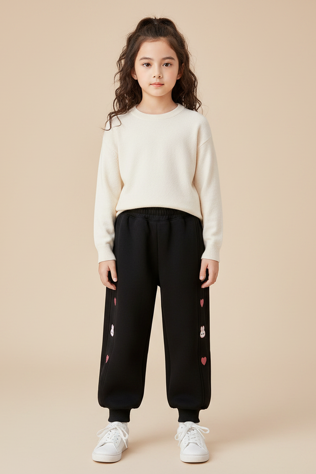 Pantalon Noir Molletonné Confortable Lapins Cœurs Fille