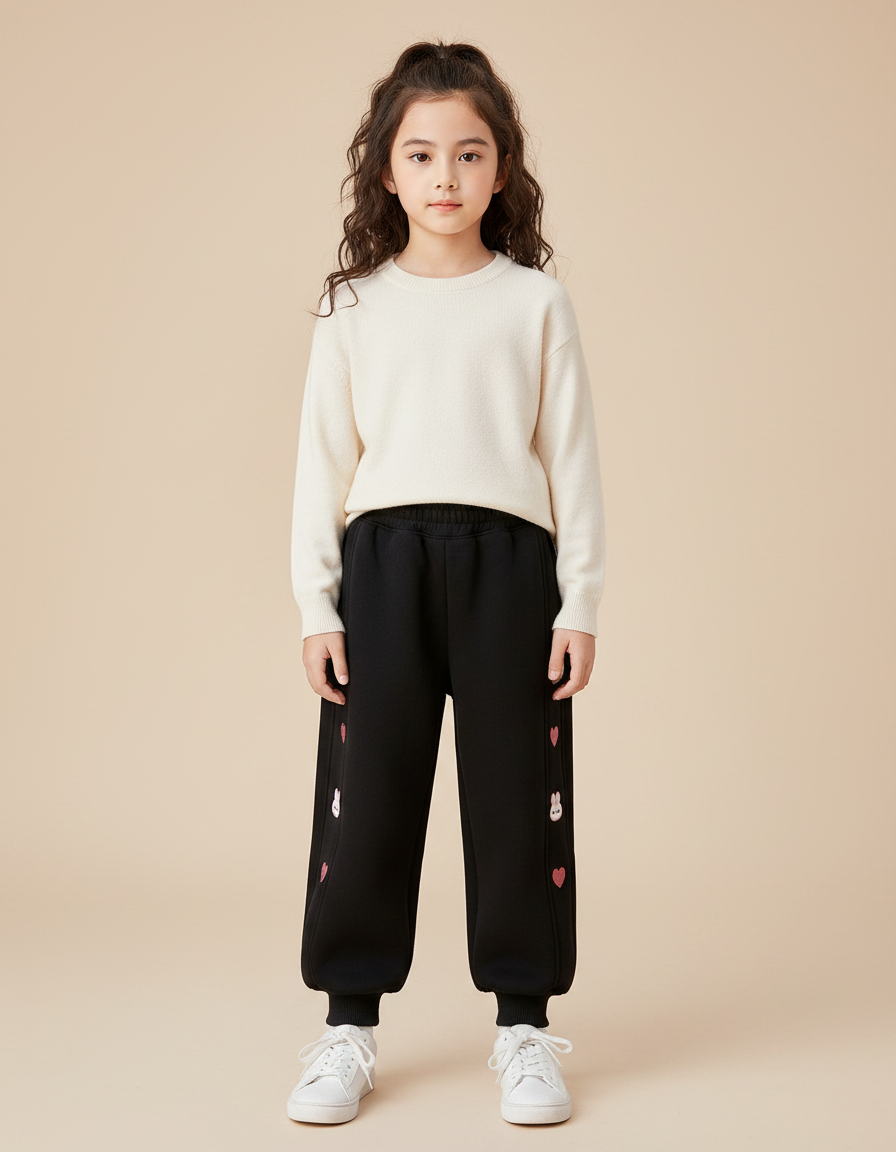 Pantalon Noir Molletonné Confortable Lapins Cœurs Fille