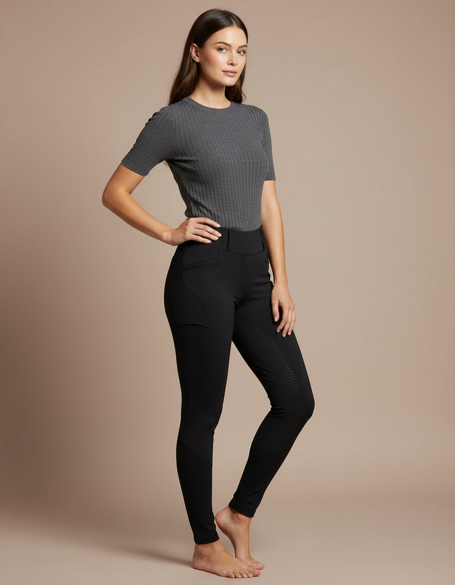 Pantalon Noir Équitation Ajusté Silicone Femme Sport - Polyester